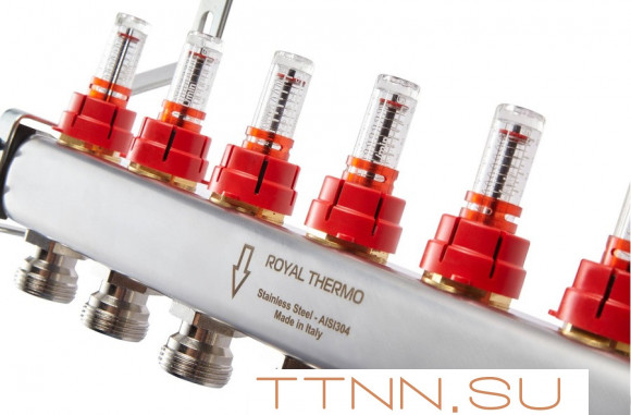 Для отопления Royal Thermo 1" ВР-3/4" НР, 5 выходов с расходомерами, нерж. (RTE 52.105) Для отопления Royal Thermo 1" ВР-3/4" НР, 5 выходов с расходомерами, нерж. (RTE 52.105)