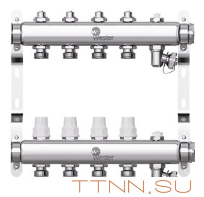 Коллектор нерж. для отопления Wester 1"-3/4 в сборе на 4 выхода с 2 заглушками Коллектор нерж. для отопления Wester 1"-3/4 в сборе на 4 выхода с 2 заглушками