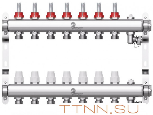 Коллектор для теплого пола Wester 1"-3/4 в сборе с расходомерами на 7 выходов Коллектор для теплого пола Wester 1"-3/4 в сборе с расходомерами на 7 выходов