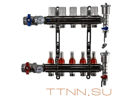 Коллекторная группа латунь TIM 5 выходов KA005 с кранами и расходомерами Коллекторная группа латунь TIM 5 выходов KA005 с кранами и расходомерами